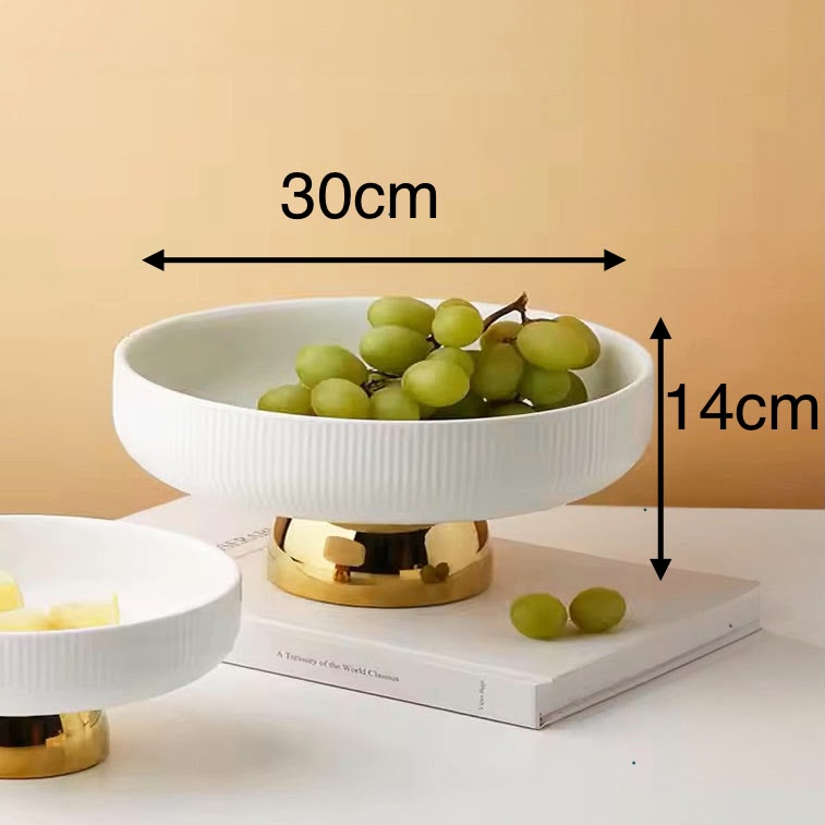 White Ribbed Fruit Bowl with Gold Pedestal