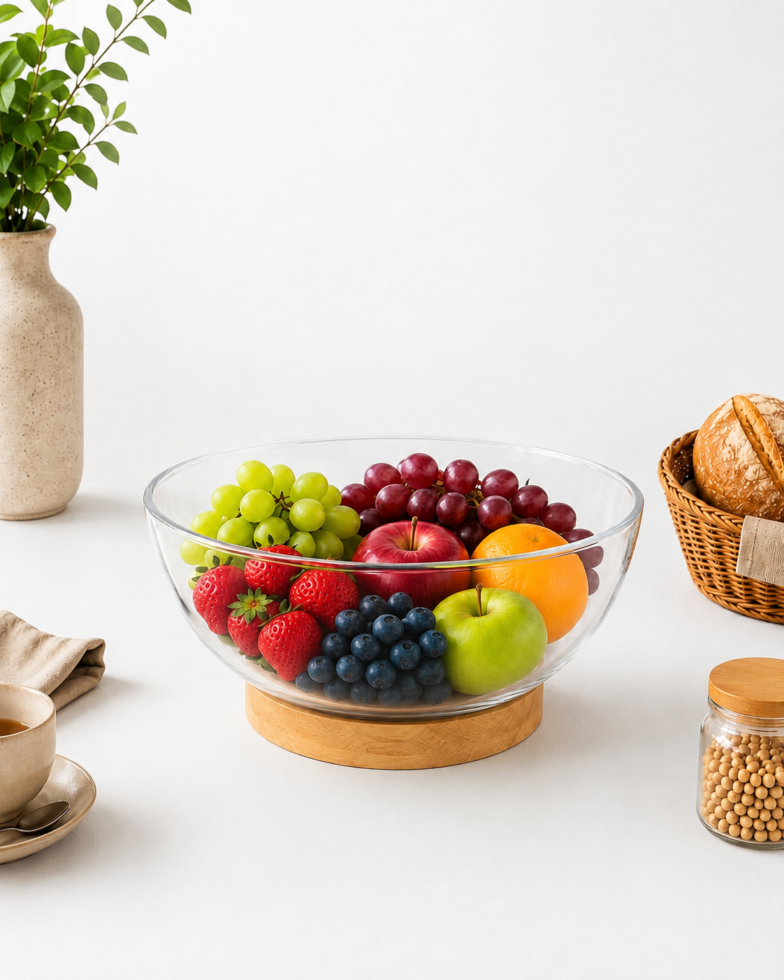 Glass Fruit Bowl with Wooden Base