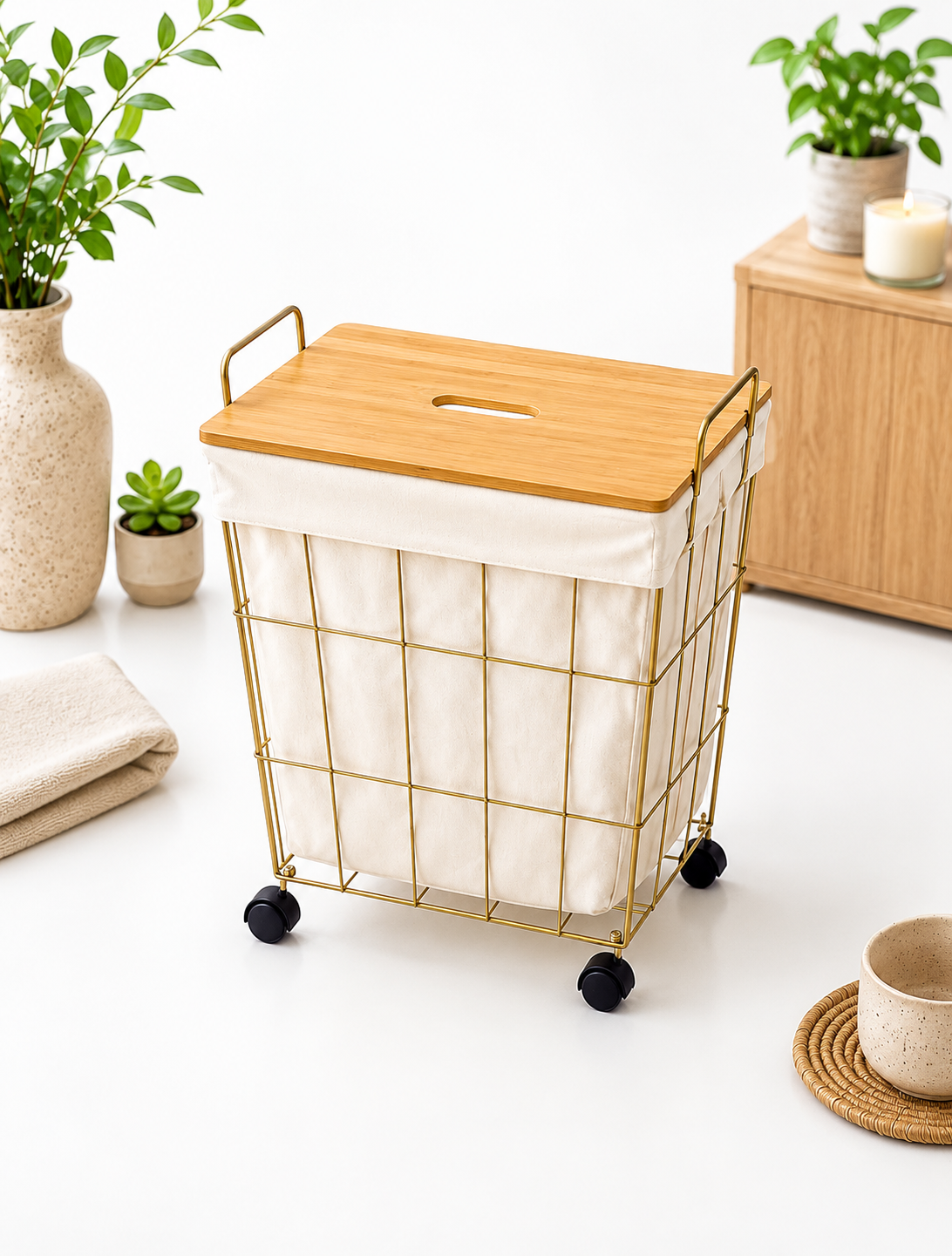 Gold Laundry Basket with Bamboo Lid