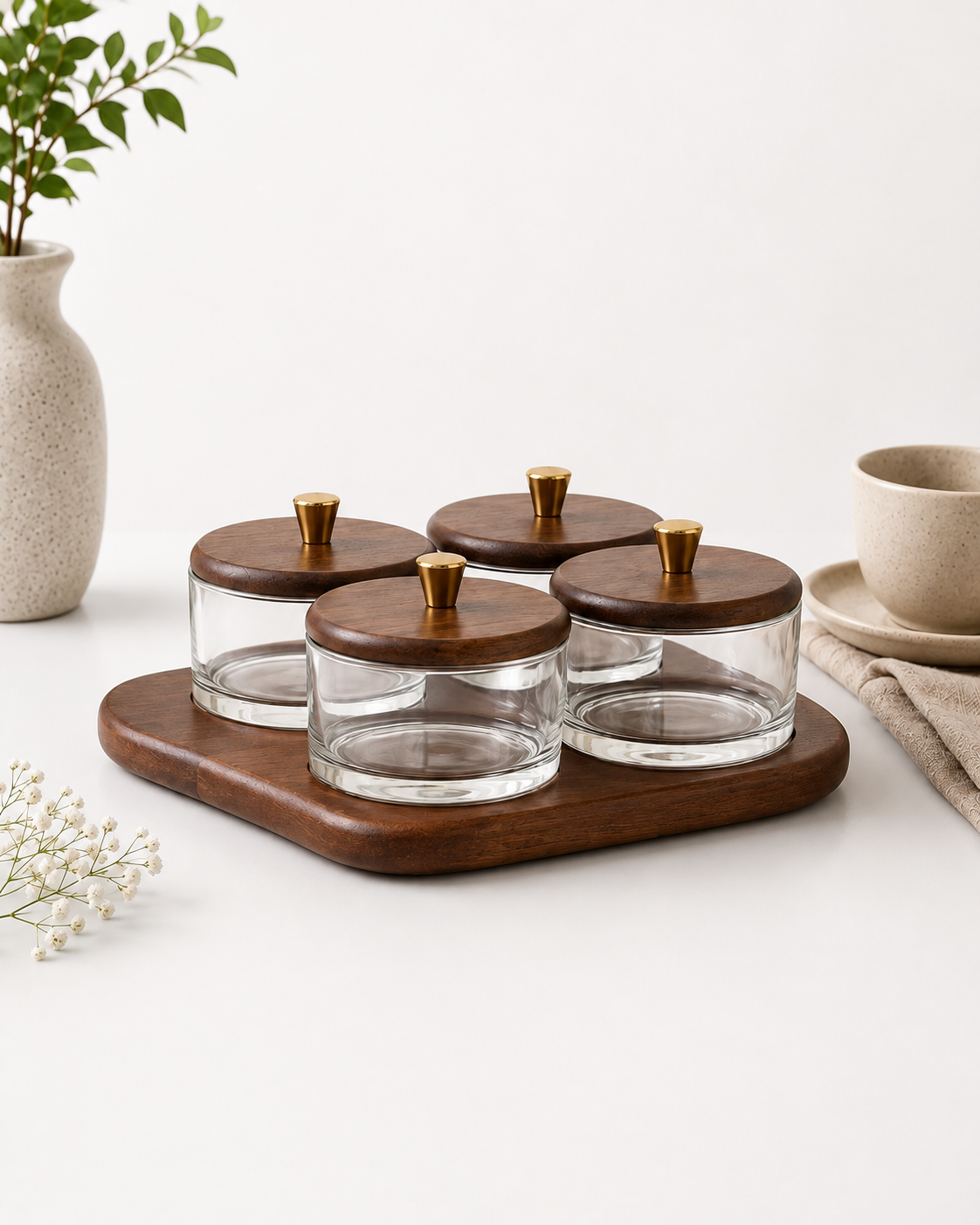 Wooden Tray with Glass Storage Jars