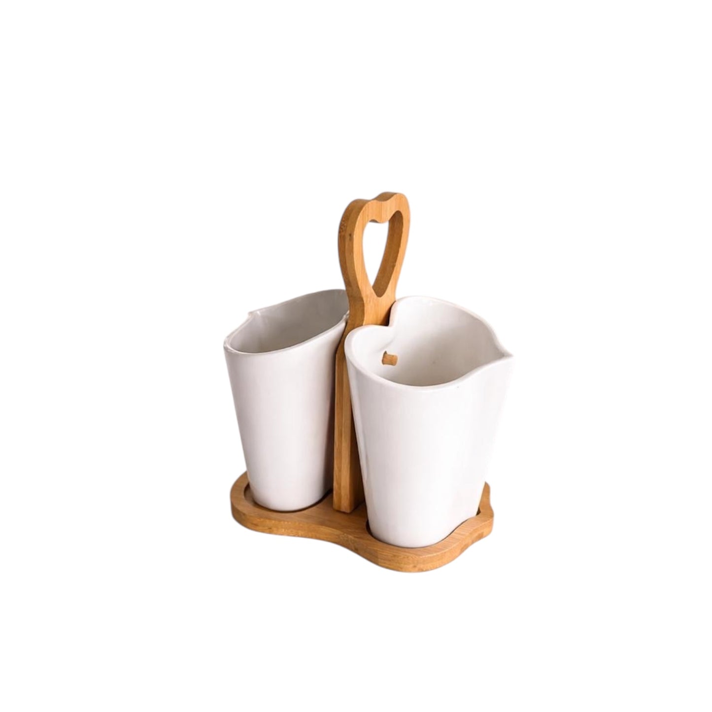 Ceramic Condiment & Utensil Holder with Wooden Stand