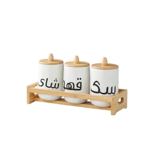 Ceramic Spice Jar Set with Bamboo Stand