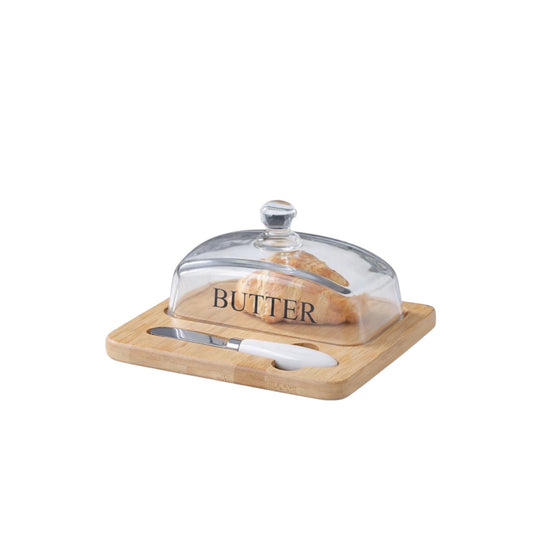 Butter Dish with Bamboo/Glass Cover and Knife