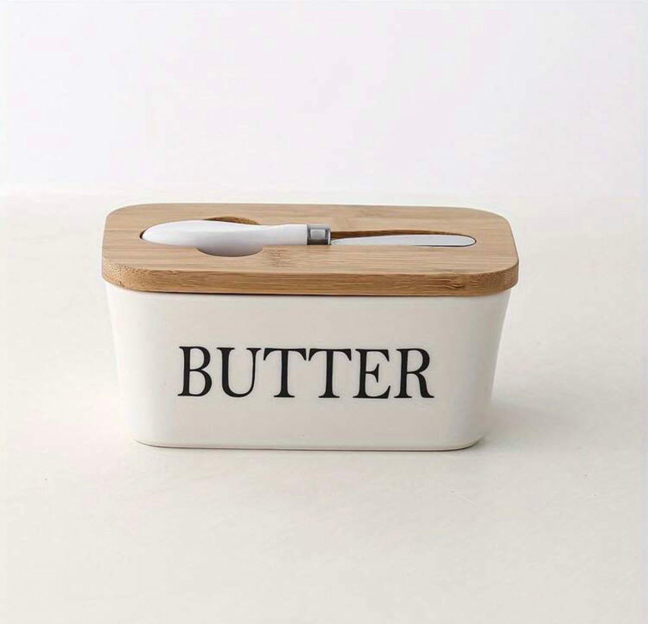 Ceramic Butter Dish with Bamboo Lid and Knife