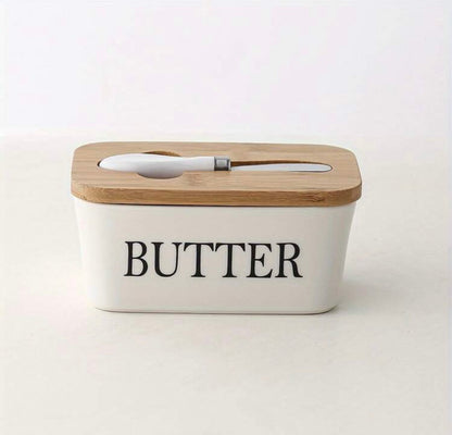 Ceramic Butter Dish with Bamboo Lid and Knife