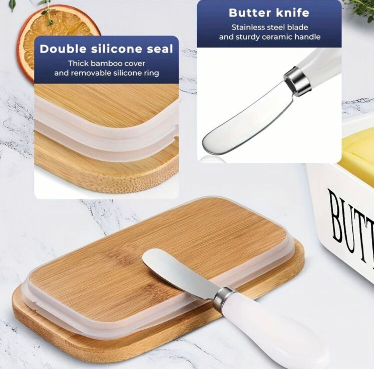Ceramic Butter Dish with Bamboo Lid and Knife