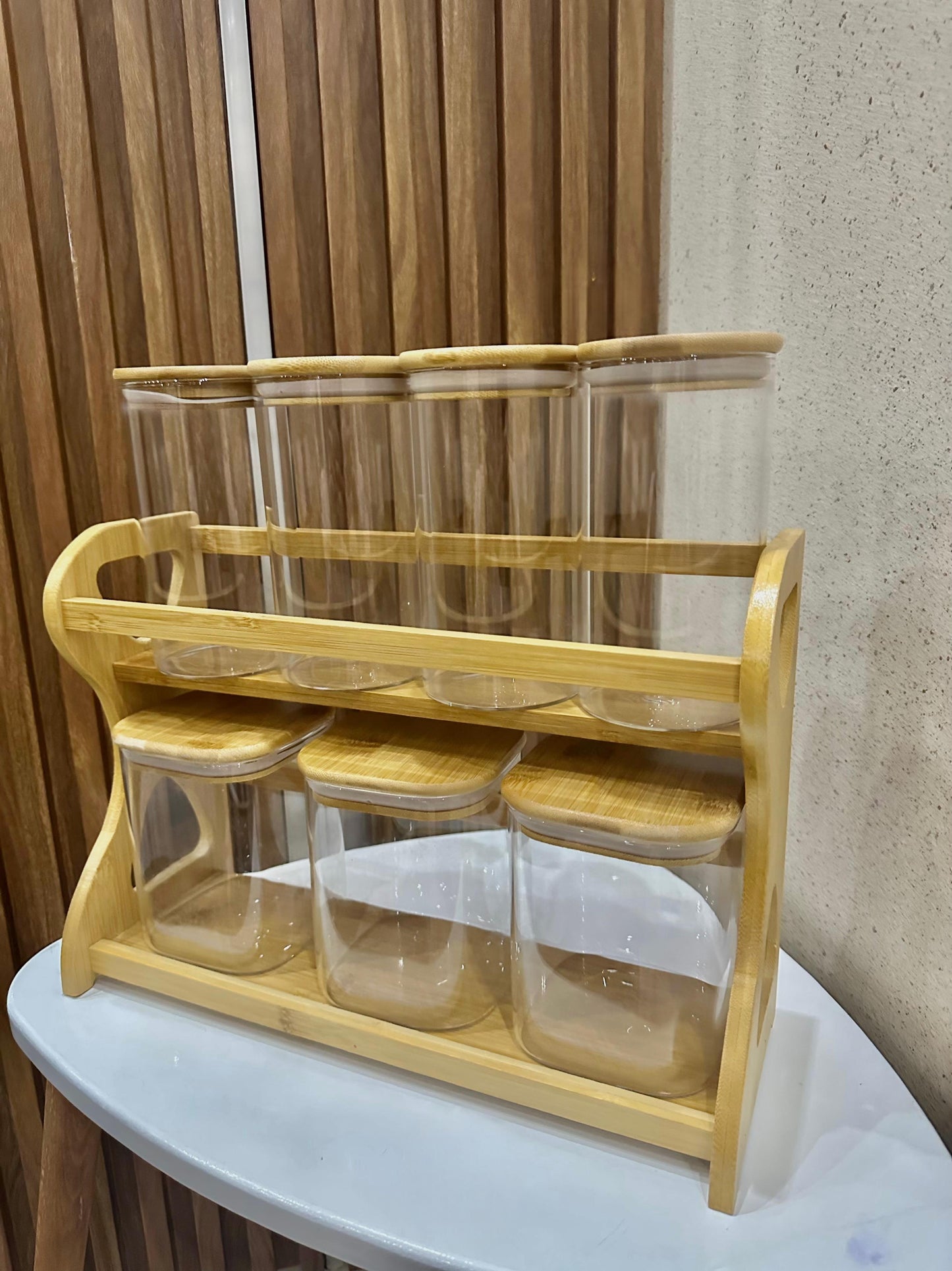 Elegant Glass Jar Set of 4 medium size and 3 large size with Wooden Lids & Bamboo Rack