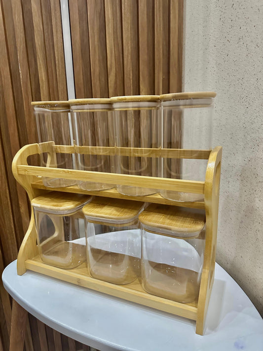 Elegant Glass Jar Set of 4 medium size and 3 large size with Wooden Lids & Bamboo Rack