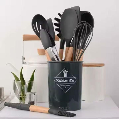 12 Wooden Handle Silicone Kitchenware Set