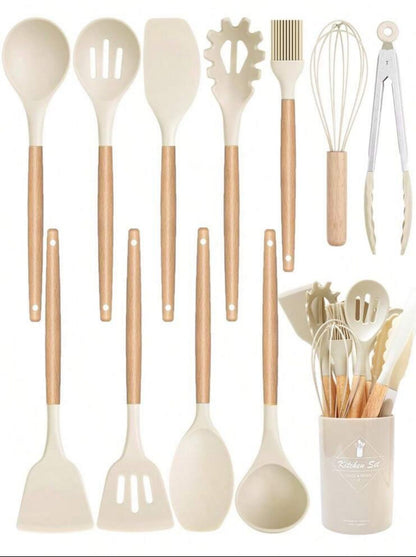 12 Wooden Handle Silicone Kitchenware Set