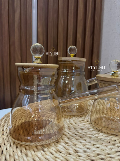 3pcs Elegant heat-resistant glass teapots with crystal knob lids and wooden tops