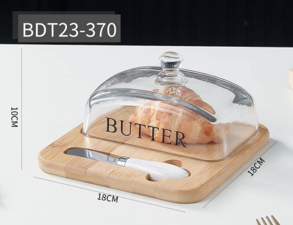 Ceramic Butter Dish with Wooden Base & Knife