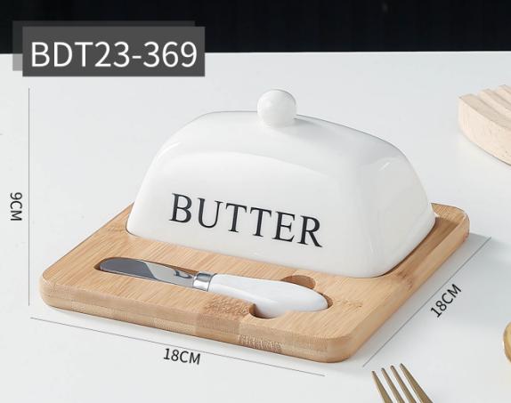 Ceramic Butter Dish with Wooden Base & Knife