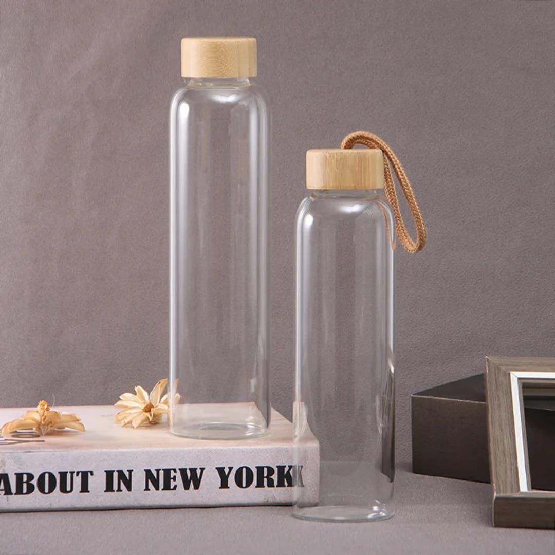 Glass water bottles with natural bamboo lids