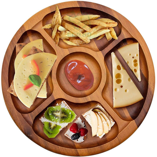Round Wooden Serving Platter – 7 Sectional Compartments