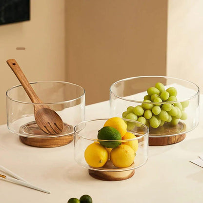 1pcs Elegant Clear Glass Bowl with Wooden Base