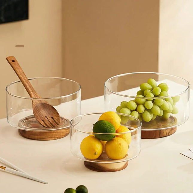 1pcs Elegant Clear Glass Bowl with Wooden Base