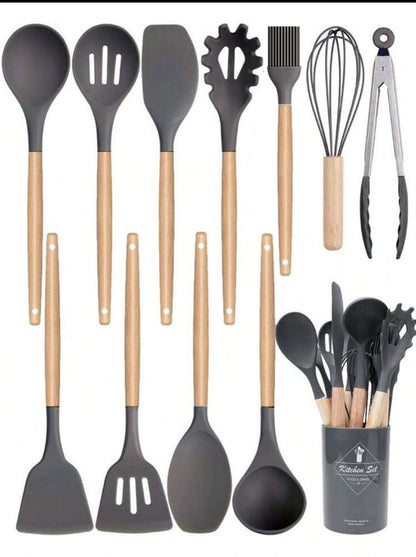 12 Wooden Handle Silicone Kitchenware Set