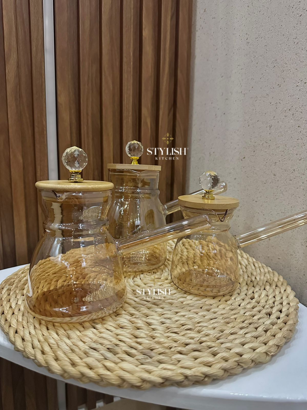 3pcs Elegant heat-resistant glass teapots with crystal knob lids and wooden tops