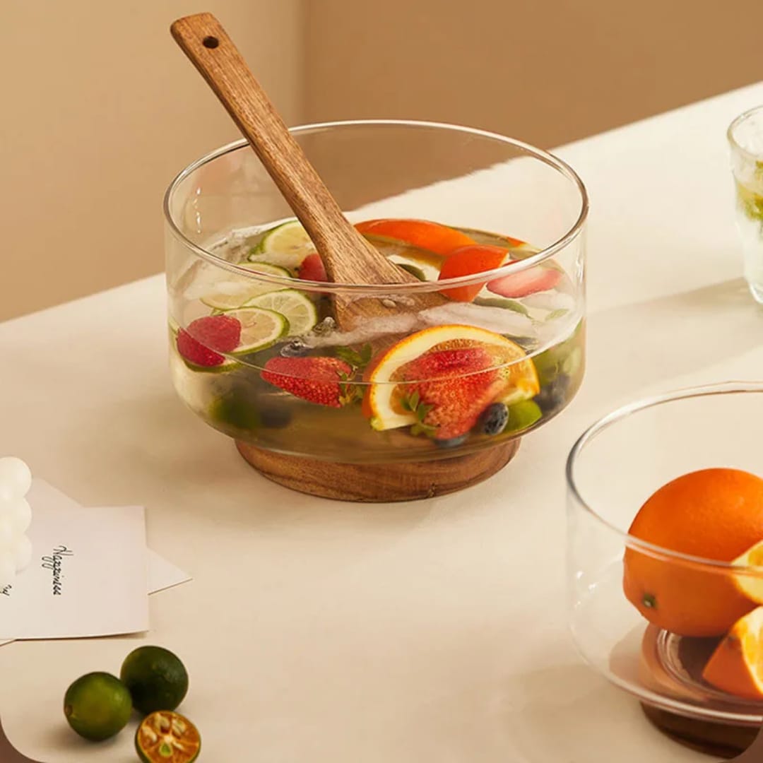1pcs Elegant Clear Glass Bowl with Wooden Base
