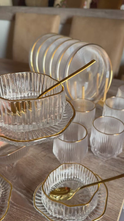 Elegant Ribbed Glass Bowl Set with Gold Rim
